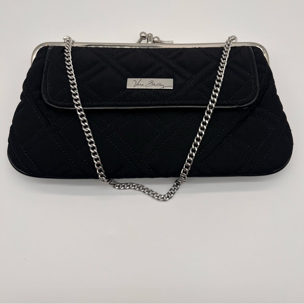 Vera Bradley Black Quilted Wristlet Silver Chain Kisslock Close Clutch Purse
